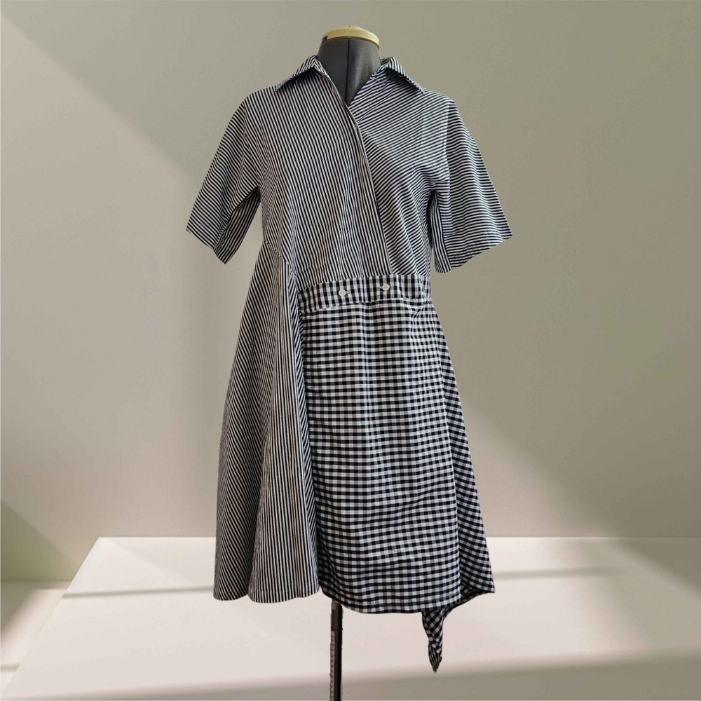 Black and White Striped and Checkered Assymetrical Dress
